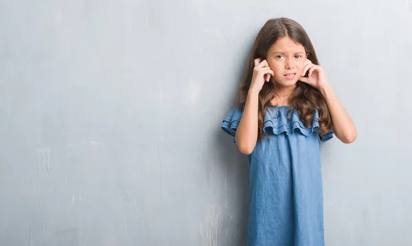 Young Hispanic Kid Grunge Grey Wall Covering Ears Fingers Annoyed — Stock Photo, Image