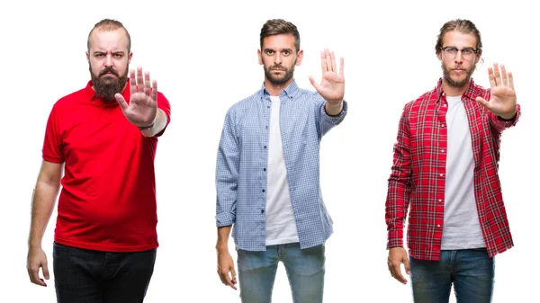 Collage Grupp Unga Män Över Isolerade Bakgrund Gör Sluta Sjunga — Stockfoto