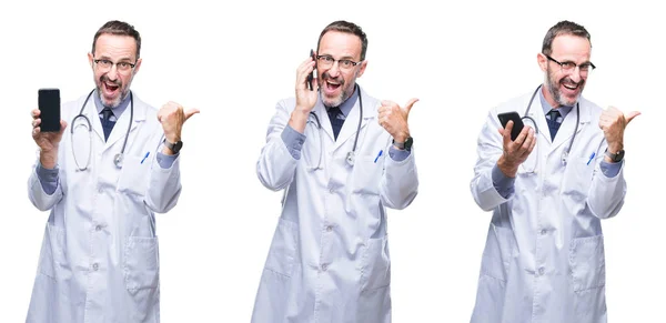 拼贴画英俊的年长的医生人使用智能手机在孤立的背景指向和显示与拇指面带笑脸微笑 — 图库照片