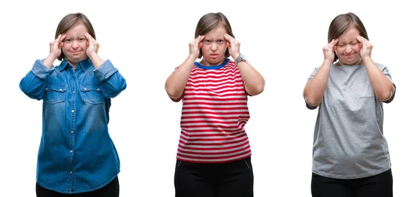 Collage Ner Sydrome Kvinna Över Isolerade Bakgrund Med Handen Huvudet — Stockfoto