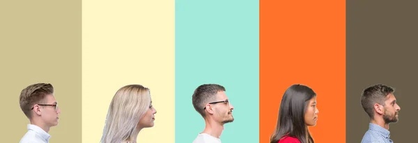Collage Van Groep Jongeren Kleurrijke Geïsoleerde Achtergrond Zoek Naar Kant — Stockfoto