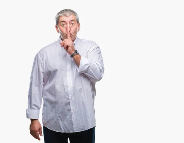 Handsome Senior Man Isolated Background Asking Quiet Finger Lips Silence — Stock Photo, Image