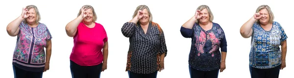 Κολάζ Από Ανώτερους Λίπος Γυναίκα Απομονωμένη Φόντο Κάνει Εντάξει Χειρονομία — Φωτογραφία Αρχείου