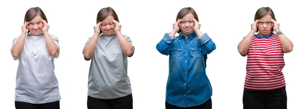 Collage Ner Sydrome Kvinna Över Isolerade Bakgrund Med Handen Huvudet — Stockfoto