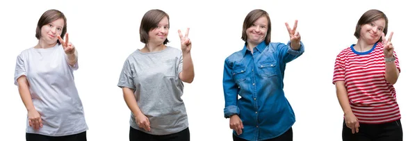 Collage Einer Frau Mit Syndrom Vor Isoliertem Hintergrund Die Lächelnd — Stockfoto