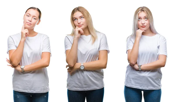 Collage Van Groep Jonge Vrouwen Dragen Witte Shirt Geïsoleerde Achtergrond — Stockfoto