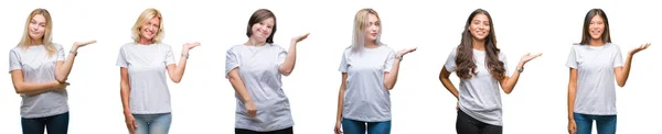 Collage Van Groep Vrouwen Dragen Witte Shirt Geïsoleerde Achtergrond Lacht — Stockfoto