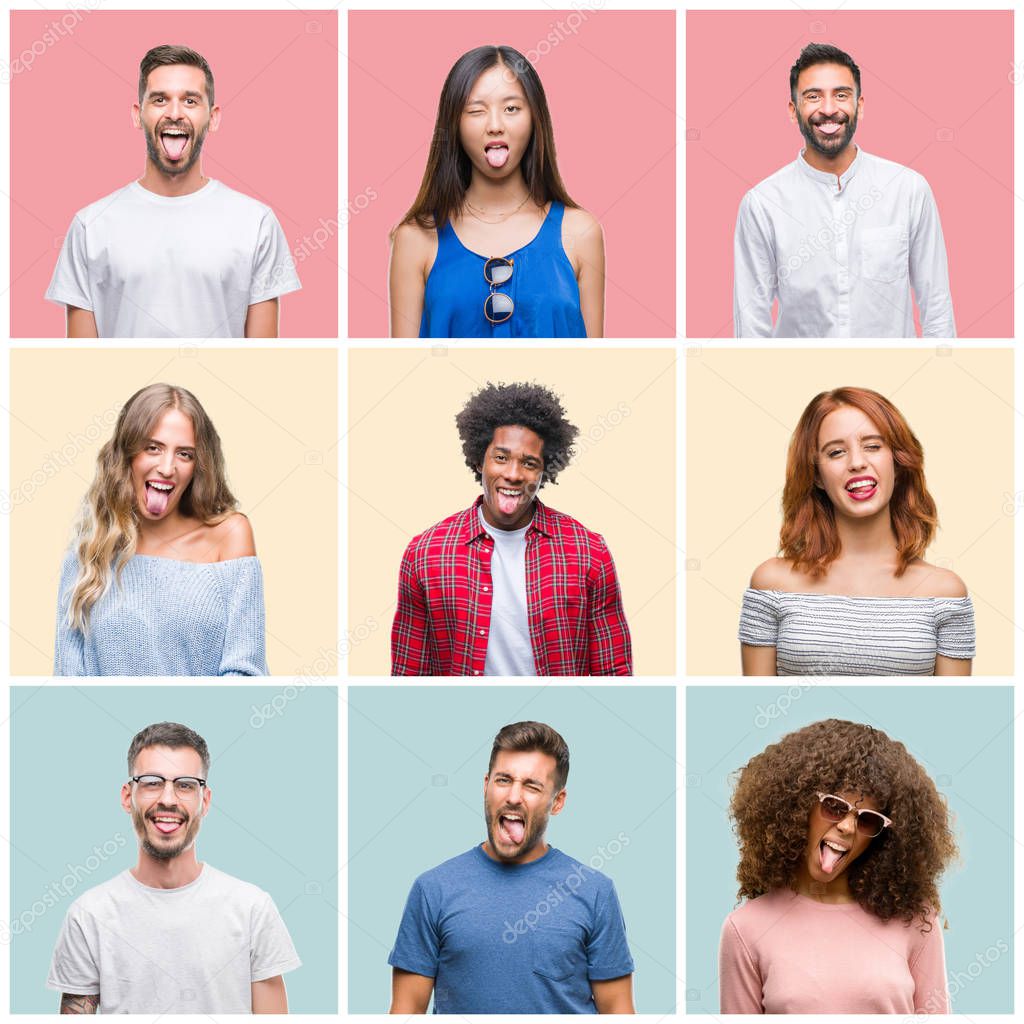 Collage of group of young people woman and men over colorful isolated background sticking tongue out happy with funny expression. Emotion concept.