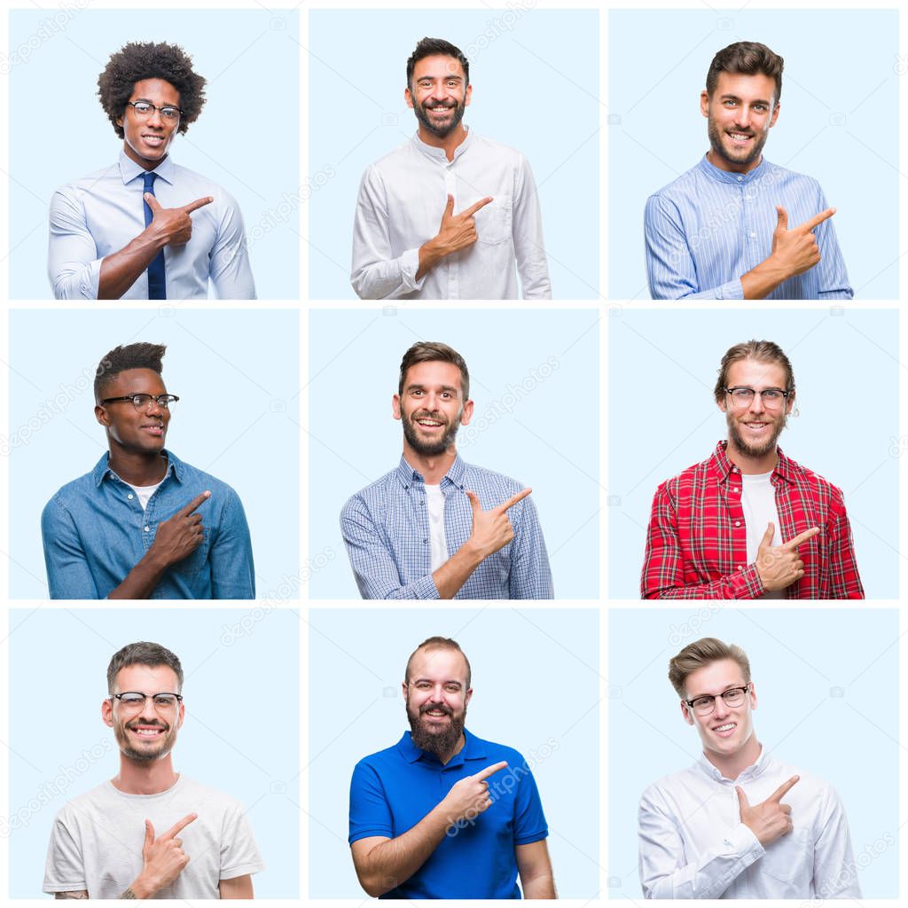 Collage of group of business and casual men over isolated background cheerful with a smile of face pointing with hand and finger up to the side with happy and natural expression on face looking at the camera.