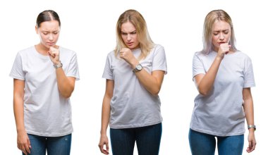 Kolaj bir grup genç kadını duygu hasta ve soğuk veya bronşit için semptom olarak öksürük izole arka plan üzerinde beyaz t-shirt giyiyor. Sağlık kavramı.
