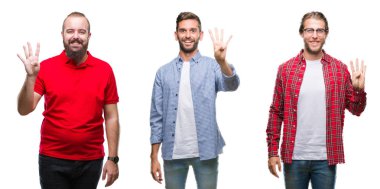 Kolaj bir grup genç adam gösterilen ve parmakları ile işaret izole arka plan üzerinde dört kendinden emin ve mutlu gülümseyerek iken numara.