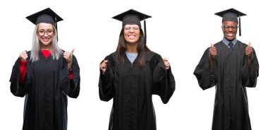 Kolaj grup izole arka kolları olan başarı için heyecan üzerinde univerty mezun üniforması genç öğrenci insan zafer kutluyor gülümseyen kaldırdı. Kazanan kavramı.