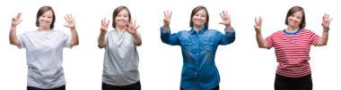 Sydrome kadın üzerinde gösterilen ve parmakları ile işaret izole arka plan aşağı kolaj kendinden emin ve mutlu gülümseyerek süre sekiz numara.