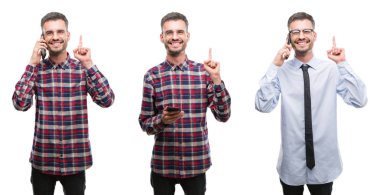 Kolaj çalışan genç iş adamı izole arka bir fikirle sürpriz beyaz smartphone üzerinde kullanma veya gülen yüz, bir numara ile işaret parmağı soru
