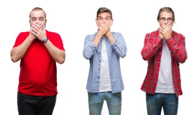 Kolaj bir grup izole arka plan ağız hata için elleriyle kapsayan şok üzerinde genç adam. Gizli kavramı.