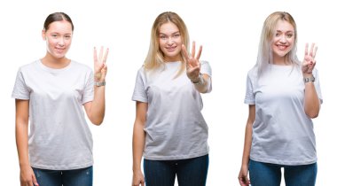Kolaj bir grup genç kadını gösterilen ve parmakları ile işaret izole arka plan üzerinde beyaz t-shirt giyen üç kendinden emin ve mutlu gülümseyerek iken numara.