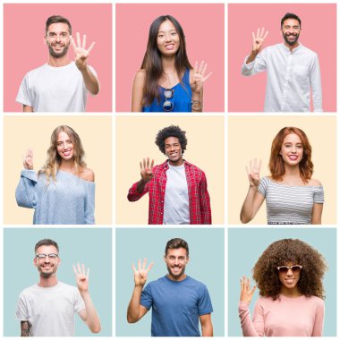 Kolaj bir grup genç insanlar kadın ve erkekler gösterilen ve parmakları ile işaret renkli izole arka plan üzerinde dört kendinden emin ve mutlu gülümseyerek iken numara.