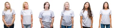 Grup izole arka plan yapma balık yüzüne dudaklı, çılgın ve komik bir jest beyaz t-shirt giyen kadın kolaj. Komik ifade.