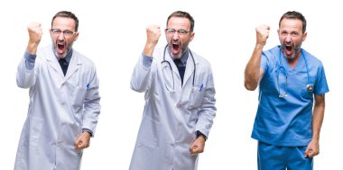 Kolaj üzerinde cerrah üniforma giyen yakışıklı üst düzey ağarmış Doktor adam arka plan kızgın izole ve kızgın yetiştirme hayal kırıklığı ve öfke ile bağırarak süre öfkeli yumruk. Öfke ve agresif kavramı.