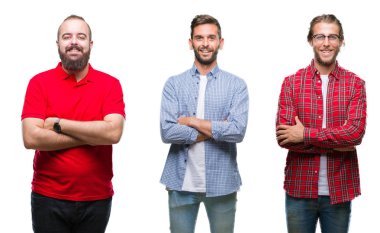 Kolaj bir grup izole arka plan mutlu yüzüne çapraz silah kameraya bakarak ile gülümseyen genç adam. Olumlu bir kişi.