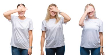 Kolaj bir grup genç kadını gülümseyen ve gözler için sürpriz kapsayan yüz el ile gülüyor izole arka plan üzerinde beyaz t-shirt giyiyor. Kör kavramı.
