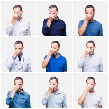 Beyaz izole arka plan duygu yorgunluk ve baş ağrısı gözleri ve burun sürtme yorgun üst düzey ağarmış zarif adam kolaj. Stres ve hayal kırıklığı kavramı.