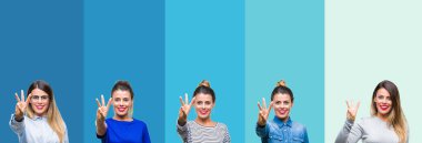 Kolaj gösterilen ve parmakları ile işaret eden oktan yukarı mavi çizgili izole arka plan üzerinde genç güzel kadın kendinden emin ve mutlu gülümseyerek iken üçüncü.