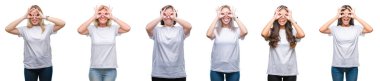 Dilini dışarı, parmaklarının arasından baktığını dürbün gibi ok jest yapıyor izole arka plan üzerinde beyaz t-shirt giyen kadın grubu kolaj. Deli ifade.