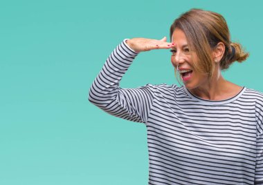 Orta yaş İspanyol kadın kıdemli izole arka plan çok mutlu ve gülümseyen uzakta el ile üzerine kafa seyir üzerinde. Arama kavramı.