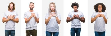 Kolaj bir grup genç insan ile gülümseyen izole arka plan üzerinde beyaz t-shirt giyen kapalı gözler ve yüzünde minnettar jest ile göğüs üzerinde eller. Sağlık kavramı.