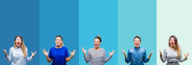 Mavi çizgili genç güzel kadın kolaj arka plan çılgın ve kızgın bağırarak ve agresif ifade ve silah kaldırdı bağırmaya izole. Hayal kırıklığı kavramı.