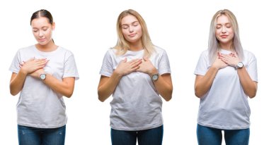 Kolaj bir grup genç kadını ile gülümseyen izole arka plan üzerinde beyaz t-shirt giyen kapalı gözler ve yüzünde minnettar jest ile göğüs üzerinde eller. Sağlık kavramı.
