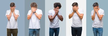 Yakışıklı İspanyol, Grup Hint ve Arap erkekler yüz eller ile ağlayarak süre kapsayan üzgün ifade ile antika arka plan üzerinde kolaj. Depresyon kavramı.