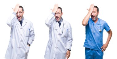 Kolaj üzerinde cerrah üniforma giyen yakışıklı üst düzey ağarmış Doktor adam arka plan baş hata için el ile sürpriz izole, hata hatırlıyorum. Unuttum, kötü bellek kavramı.