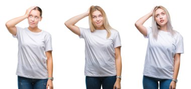 Kolaj bir grup genç kadını izole arka plan üzerinde beyaz t-shirt giyen yanıltır ve soru hakkında merak ediyorum. Şüphe, kafasına el ile düşünme ile belirsiz. Dalgın kavramı.