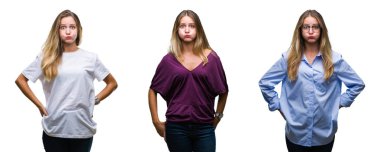 Genç güzel sarışın kadın komik surat ile yanakları şişirme izole arka plan yüzünden kolaj. Ağız ile hava, deli ifade şişirilmiş.