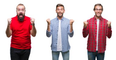 Grup izole arka plan kutlama üzerinde genç adam kolaj şaşırttı ve başarı için kaldırdı kollarını açarak hayret ve gözleri açık. Kazanan kavramı.