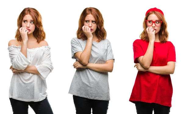 Collage Ung Vacker Rödhårig Kvinna Över Isolerade Bakgrund Ser Stressad — Stockfoto