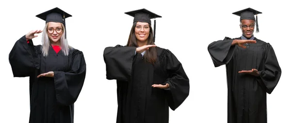 Collage Gruppo Giovani Studenti Che Indossano Uniforme Universitaria Graduata Sfondo — Foto Stock