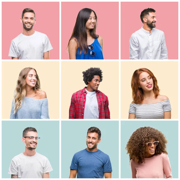Collage Gruppen Unga Kvinna Och Män Över Färgglada Isolerade Bakgrunden — Stockfoto
