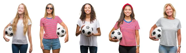 Colagem Grupo Mulheres Jovens Idosos Segurando Bola Futebol Sobre Fundo — Fotografia de Stock