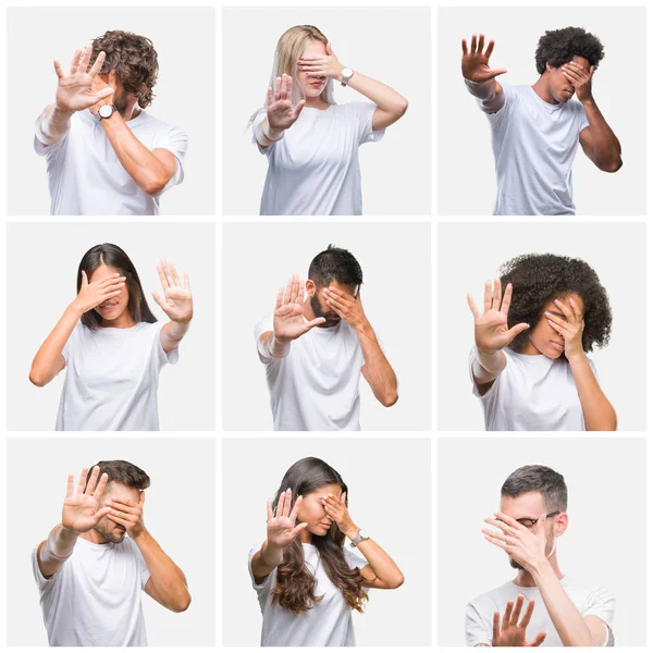 Colagem Grupo Pessoas Vestindo Camiseta Branca Casual Sobre Fundo Isolado — Fotografia de Stock