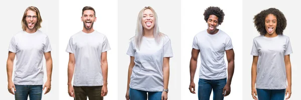 Koláž Skupiny Mladých Lidí Sobě Bílé Tričko Izolované Pozadí Držet — Stock fotografie
