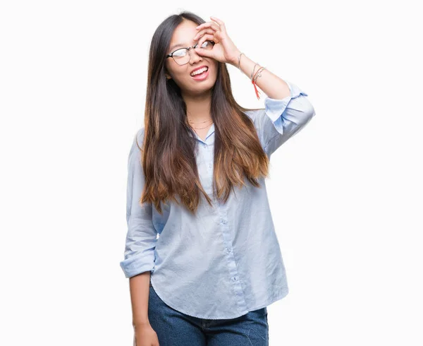 Jonge Aziatische Zakenvrouw Bril Geïsoleerde Achtergrond Doen Gebaar Met Hand — Stockfoto