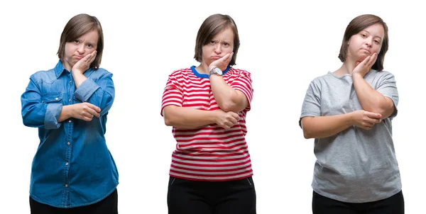 Colagem Mulher Para Baixo Síndrome Sobre Fundo Isolado Pensando Cansado — Fotografia de Stock