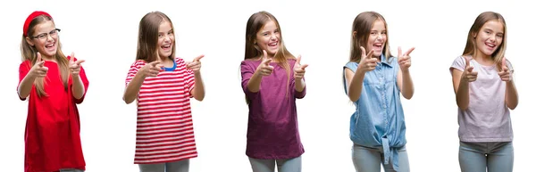 Collage Niña Joven Hermosa Niña Sobre Fondo Aislado Señalando Los — Foto de Stock