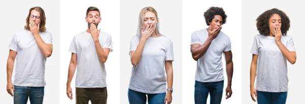 Collage Van Groep Jongeren Dragen Witte Shirt Geïsoleerde Achtergrond Verveeld — Stockfoto