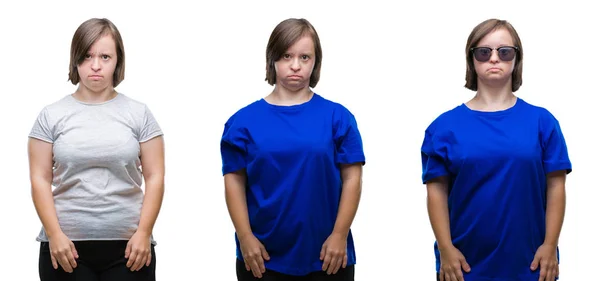 Collage Ner Sydrome Kvinna Över Isolerade Bakgrund Med Allvarliga Uttryck — Stockfoto