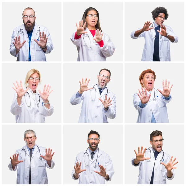 Collage Gruppen Läkare Människor Bär Stetoskopet Över Isolerade Bakgrund Rädd — Stockfoto