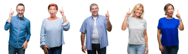 Collage Group Middle Age Senior People Isolated Background Pointing Finger — Stock Photo, Image